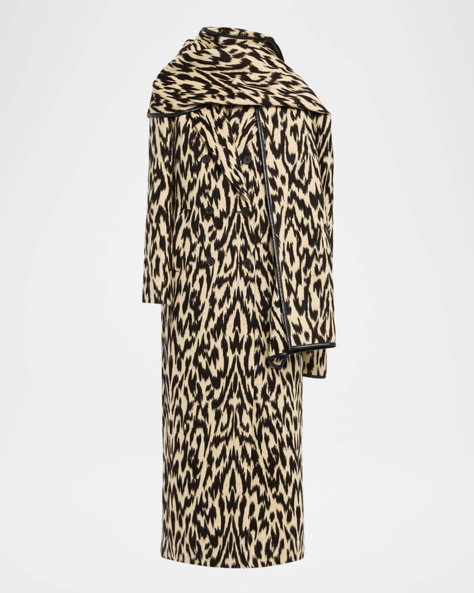 Demi Ocelot-Print Double-Breasted Long Coat With Scarf
